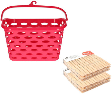 Wasknijpers ophangmandje met haak - fuchsia - en 96x houten wasknijpers van Sorbo