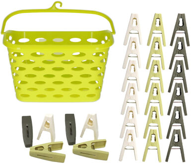 Wasknijpers ophangmandje met haak - groen - en 80x gekleurde compacte wasknijpers van 6 cm