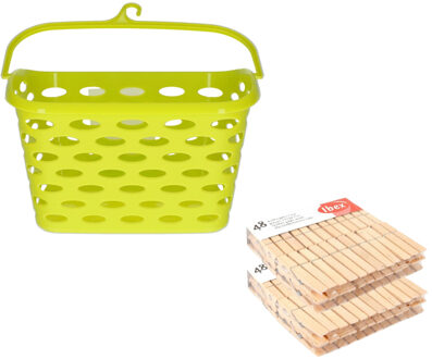 Wasknijpers ophangmandje met haak - groen - en 96x houten wasknijpers van Sorbo