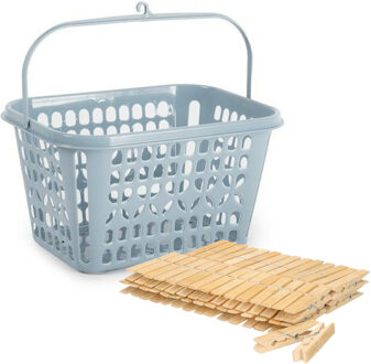 Wasknijpers ophangmandje met haak - ijsblauw - gevuld met 120x houten wasknijpers 7 cm - was ophangen - knijperszakken