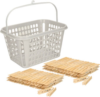 Wasknijpers ophangmandje met haak - lichtgrijs - en 120x bamboe wasknijpers van 7 cm