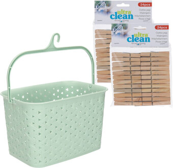 Wasknijpers ophangmandje met haak - mintgroen - en 48x houten wasknijpers van 7 cm