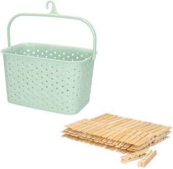Wasknijpers ophangmandje met haak - mintgroen - en 60x houten wasknijpers van 7 cm
