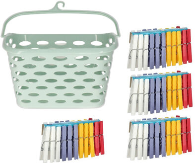 Wasknijpers ophangmandje met haak - mintgroen - en 96x gekleurde wasknijpers van 7,5 cm
