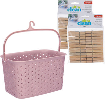 Wasknijpers ophangmandje met haak - roze - en 48x houten wasknijpers van 7 cm