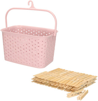 Wasknijpers ophangmandje met haak - roze - en 60x houten wasknijpers van 7 cm