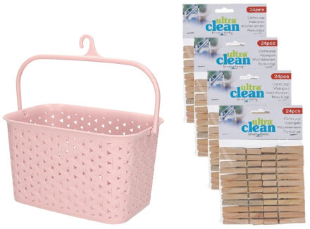 Wasknijpers ophangmandje met haak - roze - en 96x houten wasknijpers van 7 cm