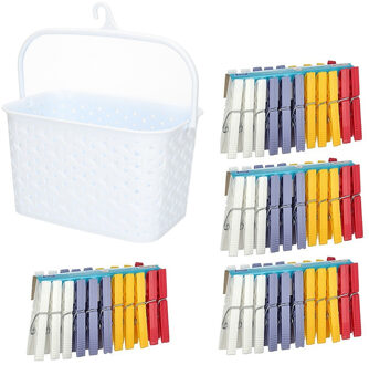 Wasknijpers ophangmandje met haak - wit - en 96x gekleurde wasknijpers van 7,5 cm