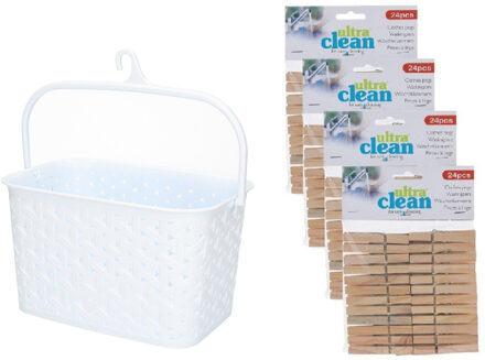 Wasknijpers ophangmandje met haak - wit - en 96x houten wasknijpers van 7 cm