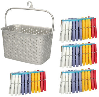 Wasknijpers ophangmandje met haak - zilver - en 96x gekleurde wasknijpers van 7,5 cm