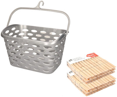 Wasknijpers ophangmandje met haak - zilver - en 96x houten wasknijpers van Sorbo