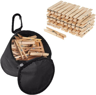 Wasknijpers ophangzak met karabijnhaak en 72x houten wasknijpers