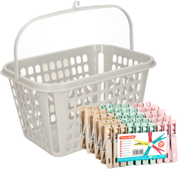 Wasknijpers pakket van 100x stuks - plastic - met ophangmandje aan haak