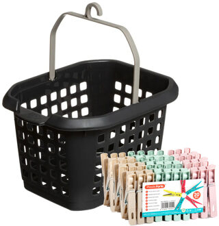 Wasknijpers pakket van 100x stuks - plastic - met ophangmandje aan haak