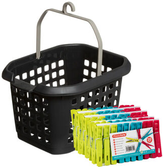 Wasknijpers pakket van 100x stuks - plastic - met ophangmandje aan haak