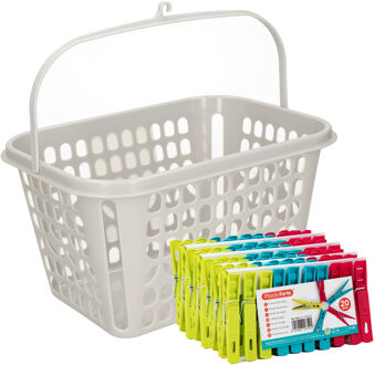 Wasknijpers pakket van 100x stuks - plastic - met ophangmandje aan haak