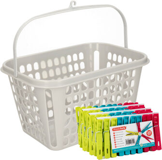 Wasknijpers pakket van 60x stuks - plastic - met ophangmandje aan haak