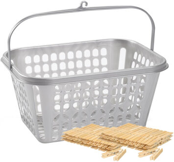 Wasknijpers verzamel mandje zilver met haak - 120x stuks houten knijpers - 7 cm - Knijpers Zilverkleurig