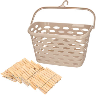 Wasknijpersmandje met haak - beige - en 100x houten wasknijpers 7 cm