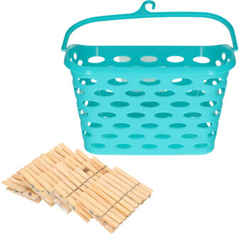 Wasknijpersmandje met haak - blauw - en 100x houten wasknijpers 7 cm