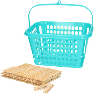 Wasknijpersmandje met haak - blauw - en 120x houten wasknijpers 7 cm