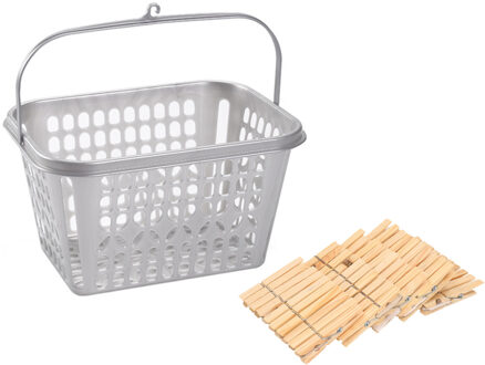 Wasknijpersmandje met haak en 100 stuks houten wasknijpers