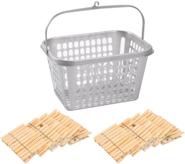 Wasknijpersmandje met haak en 150x stuks houten wasknijpers