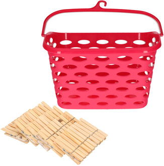 Wasknijpersmandje met haak - fuchsia roze - en 100x houten wasknijpers 7 cm