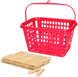 Wasknijpersmandje met haak - fuchsia roze - en 120x houten wasknijpers 7 cm