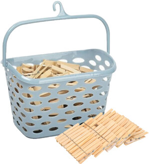 Wasknijpersmandje met haak - ijsblauw - en 100x houten wasknijpers 7 cm