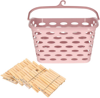 Wasknijpersmandje met haak - roze - en 100x houten wasknijpers 7 cm