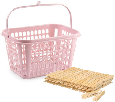 Wasknijpersmandje met haak - roze - en 120x houten wasknijpers 7 cm