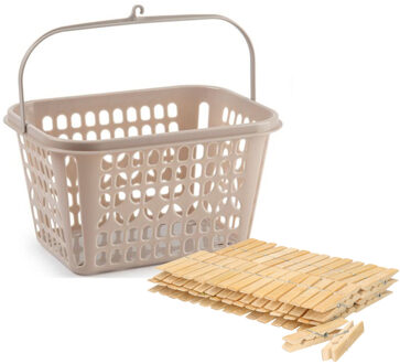 Wasknijpersmandje met haak - taupe - en 120x houten wasknijpers 7 cm