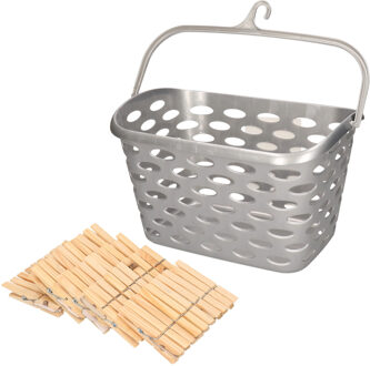 Wasknijpersmandje met haak - zilver - en 100x houten wasknijpers 7 cm