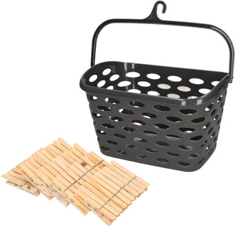 Wasknijpersmandje met haak - zwart - en 100x houten wasknijpers 7 cm