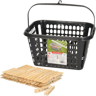 Wasknijpersmandje met haak - zwart - en 120x houten wasknijpers 7 cm