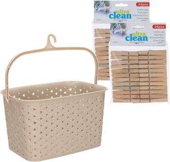 Wasknijpersmandje met ophanghaak - beige - en 48x houten wasknijpers 7 cm - knijperszakken