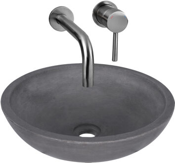 Waskomset Differnz Ravano Beton 40x12 cm Antraciet met Inbouw Wastafelkraan Gunmetal