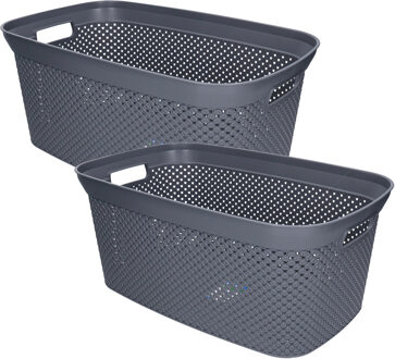 Wasmand - 2x - grijs - kunststof - 34 x 54 x 23 cm - 35 liter - met handvatten - manden voor wasgoed