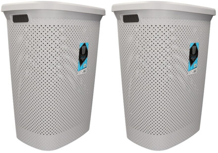 Wasmand - 2x - met deksel - grijs - 60 liter - kunststof - wasmanden - Huishoudelijke producten
