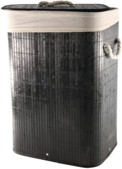 Wasmand - bamboe hout - met deksel - zwart - 30 x 40 x 57 cm - verwijderbare waszak