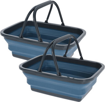 Wasmand/boodschappen mand opvouwbaar met hengsel - 2x - kunststof - 30L - donkerblauw - 39 x 28 x 29