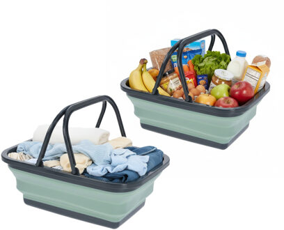 Wasmand/boodschappen mand opvouwbaar met hengsel - 2x - kunststof - 30L - groen - 38 x 28 x 15 cm