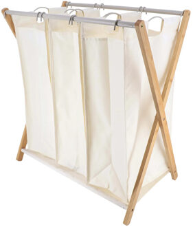 Wasmand met 3 compartimenten - bamboe hout - wit - inklapbaar - was sorteren