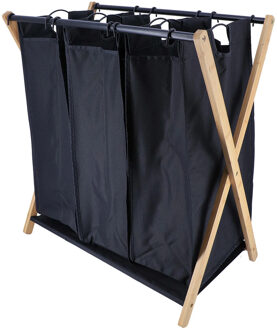 Wasmand met 3 compartimenten - bamboe hout - zwart - inklapbaar - was sorteren