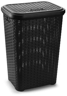 Wasmand met deksel - 1x - 60 liter - zwart - rotan - kunststof - L35 x B43 x H62 cm