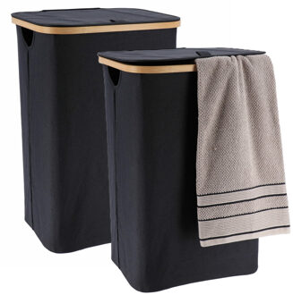 Wasmand met deksel - 2x - bamboe hout - 70 Liter- zwart - 60 x 40 x 30 cm - was sorteren
