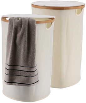 Wasmand met deksel - 2x - rond - bamboe hout - 70L - naturel wit - 60 x 40 cm - was sorteren