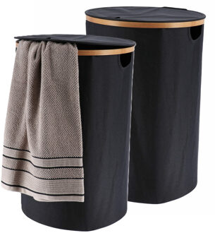 Wasmand met deksel - 2x - rond - bamboe hout - 70L - zwart - 60 x 40 cm - was sorteren