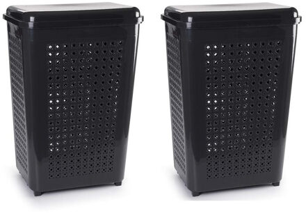 Wasmand met deksel - 2x stuks - 50 liter - antraciet - kunststof - 41x31x61 cm